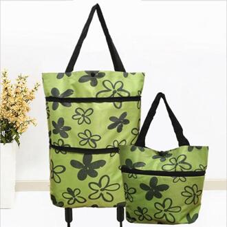2 In 1 Opvouwbare Winkelwagen Met Wielen Premium Oxford Stof Multifunctionele Shopping Bag Organizer Hoge Capaciteit groen bloem