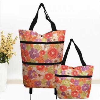 2 In 1 Opvouwbare Winkelwagen Met Wielen Premium Oxford Stof Multifunctionele Shopping Bag Organizer Hoge Capaciteit roze Fower