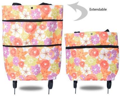 2 In 1 Opvouwbare Winkelwagen Met Wielen Premium Oxford Stof Multifunctionele Shopping Bag Organizer Hoge Capaciteit wit bloem