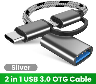 2 In 1 Usb 3.0 Otg Kabel Type C Micro Usb Naar USB3.0 Adapter USB-C Datakabel Voor Samsung xiaomi Huawei Type-C Telefoon zilver