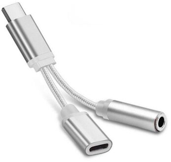 2 In 1 Usb Type C Otg Naar 3.5Mm Hoofdtelefoon Aux Jack Adapter Type C Adapter Splitter Voor Huawei sansung Lading Audio Aux Adapter zilver