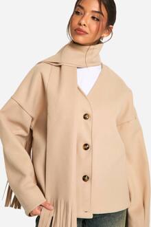 2 In 1 Wollen Look Jas Met Sjaaldetail, Stone - 40