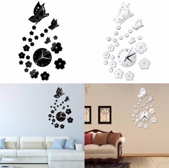 2 Kleuren Spiegel Muurstickers 3D Klok Vlinder Patroon CA005 Woondecoratie Hedendaagse Quartz Woonkamer Klok zwart