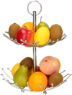 2-laags fruitschaal/fruitmand rond zilver metaal 36 cm - Fruitschalen Zilverkleurig