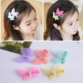 2 pcs Princess pearl chiffon bow hairpin clip girl side clips baby girl headdress children hair accessories