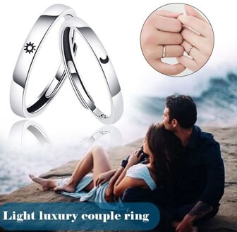 2 Pcs Promise Ring Set Zon En Maan Stijl Verzilveren Band Ring Voor Paar Vriendje Vriendin RERI889