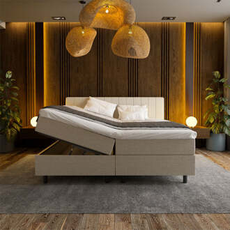 2-Persoons Boxspring Met Opbergruimte Beam - Beige - Beige 140x210 Cm - Pocketvering - Inclusief Topper - Dekbed-Discounter.nl - 140 x 210 cm
