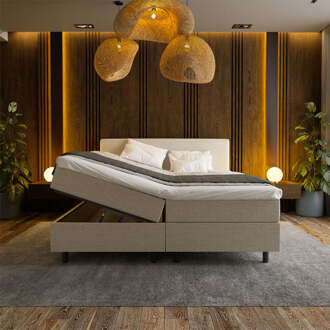 2-Persoons Boxspring Met Opbergruimte Hotel - Beige - Beige 160x200 Cm - Pocketvering - Inclusief Topper - Dekbed-Discounter.nl - 160 x 200 cm