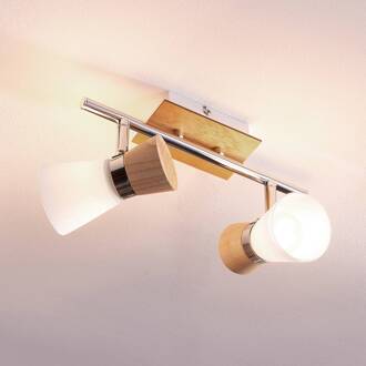 2-pits houten plafondlamp Vivica met glas wit, licht hout, chroom
