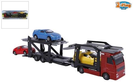 2-Play autotransporter diecast met 3 auto's 26 cm multicolor Multikleur