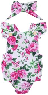 2 Stks Bloemen Baby Meisjes Kleding Zomer Korte Mouw Romper Bebes Knop Jumpsuit + Hoofdband 2 STKS Set Outfit Trainingspak 24M