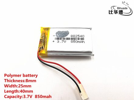 2 stks/partij Goede Qulity 3.7 V, 850 mAH, 802540 lithium Polymeer ion/Li-Ion batterij voor SPEELGOED, POWER BANK, GPS, mp3, mp4