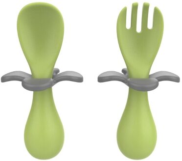 2 Stks/set Baby Leren Voeden Lepel + Vork Effen Kleur Food Grade Siliconen Antislip Kids Servies Draagbare Peuter training Bestek groen