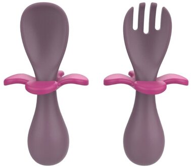 2 Stks/set Baby Leren Voeden Lepel + Vork Effen Kleur Food Grade Siliconen Antislip Kids Servies Draagbare Peuter training Bestek paars