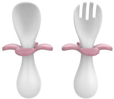 2 Stks/set Baby Leren Voeden Lepel + Vork Effen Kleur Food Grade Siliconen Antislip Kids Servies Draagbare Peuter training Bestek wit