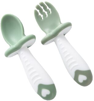 2 Stks/set Baby Training Zachte Kop Lepel En Vork Korte Handvat Kids Lepel Vork Set Bpa Gratis J60B groen