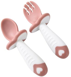2 Stks/set Baby Training Zachte Kop Lepel En Vork Korte Handvat Kids Lepel Vork Set Bpa Gratis Roze