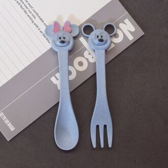 2 Stks/set Babyvoeding Servies Set Tarwe Stro Milieuvriendelijk Cartoon Leuke Lepel Vork Zuigeling Plaat Diner Sets NTY0025 blauw