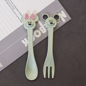 2 Stks/set Babyvoeding Servies Set Tarwe Stro Milieuvriendelijk Cartoon Leuke Lepel Vork Zuigeling Plaat Diner Sets NTY0025 groen