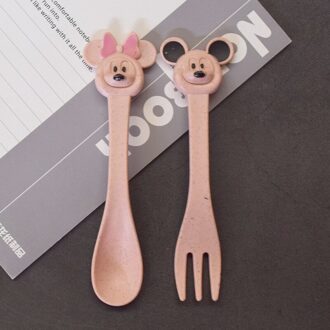 2 Stks/set Babyvoeding Servies Set Tarwe Stro Milieuvriendelijk Cartoon Leuke Lepel Vork Zuigeling Plaat Diner Sets NTY0025 roze
