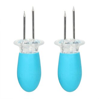 2 Stks/set Bbq Maïs Houders Veilige Rvs Maïskolven Houders Spiesjes Naald Gaffel Voor Bbq Barbecue Hand gereedschap blauw