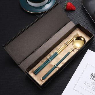 2 Stks/set Kleur Roestvrij Staal Voedsel Eetstokjes Lepel Set Met Doos Reizen Bestek Kinderen Voor School Outdoor Picknick groen goud