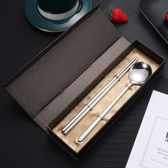 2 Stks/set Kleur Roestvrij Staal Voedsel Eetstokjes Lepel Set Met Doos Reizen Bestek Kinderen Voor School Outdoor Picknick primary kleur