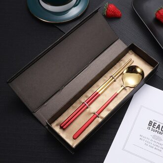 2 Stks/set Kleur Roestvrij Staal Voedsel Eetstokjes Lepel Set Met Doos Reizen Bestek Kinderen Voor School Outdoor Picknick rood goud