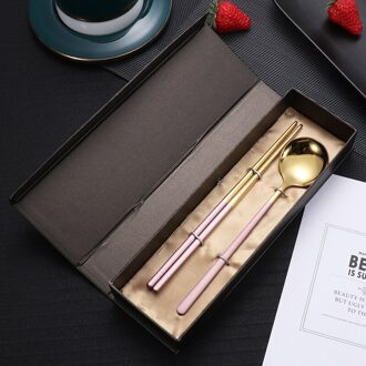 2 Stks/set Kleur Roestvrij Staal Voedsel Eetstokjes Lepel Set Met Doos Reizen Bestek Kinderen Voor School Outdoor Picknick roze goud