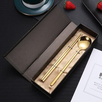 2 Stks/set Kleur Roestvrij Staal Voedsel Eetstokjes Lepel Set Met Doos Reizen Bestek Kinderen Voor School Outdoor Picknick titanium