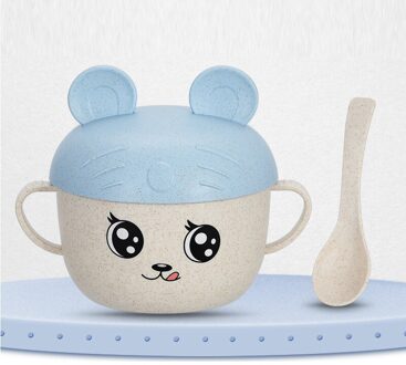 2 Stks/set Kom + Lepel Babyvoeding Voedsel Servies Anti Tarwe Cartoon Kids Gerechten Kinderen Eten Servies Set plaat Training blauw met oor