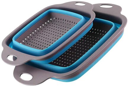 2 Stks/set Opvouwbare Siliconen Vergiet Fruit Groente Wasmand Zeef Inklapbare Afdruiprek Met Handvat Keuken Tool Blauw