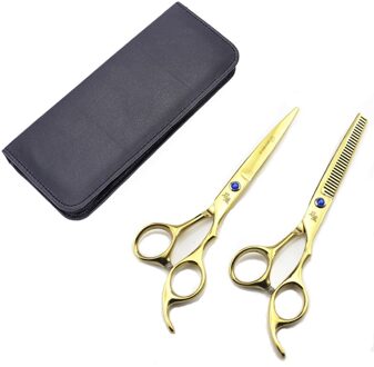 2 Stks/set Professionele 6 Inch Haar Knippen Schaar Lederen Tas Rvs Barber Salon Dunner Gereedschap Voor Kappers Oranje