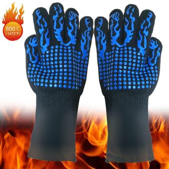 2 Stuks (1 Paar) bbq Grill Handschoenen 1472 °F Hittebestendige Antislip Grill Mitt Met Elastische Manchet Blauw