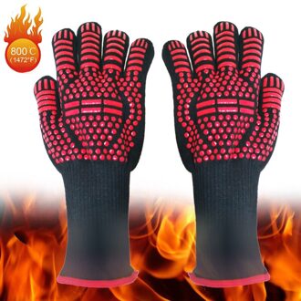 2 Stuks (1 Paar) bbq Grill Handschoenen 1472 °F Hittebestendige Antislip Grill Mitt Met Elastische Manchet red2