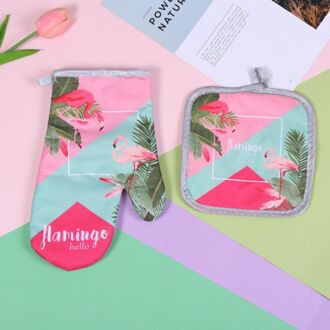 2 Stuks 1 Set Katoen Mode Flamingo Keuken Pad Koken Magnetron Bakken Bbq Oven Pannenlappen Ovenwanten Keuken Handschoenen Wanten stijl 1 rood 1reeks