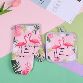 2 Stuks 1 Set Katoen Mode Flamingo Keuken Pad Koken Magnetron Bakken Bbq Oven Pannenlappen Ovenwanten Keuken Handschoenen Wanten stijl 3 roze 1reeks