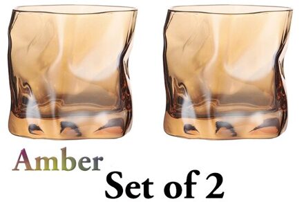 2 Stuks 250Ml Vervormd Vorm Whisky Bril Ouderwetse Glas Water Glas, sap Glas Set Van 2 amber reeks of 2