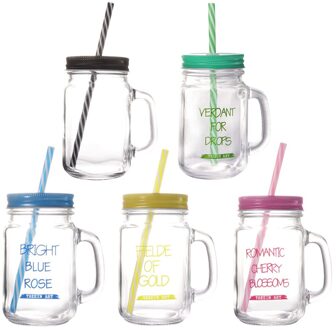 2 Stuks 500Ml Stro Mason Cup Zomer Draagbare Cup Glas Drinken Beker Met Stro Deksel (Blauw)