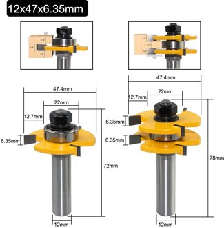 2 Stuks 8Mm 12Mm 1/2 Inch Schacht T-Slot Router Bit Set Tong & Groef Gezamenlijke Monteren tenon Cutter Voor Hout Houtbewerking Frezen 12mm shank