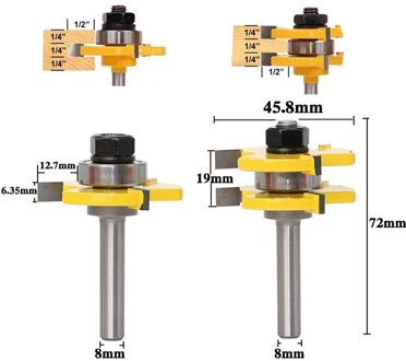 2 Stuks 8Mm 12Mm 1/2 Inch Schacht T-Slot Router Bit Set Tong & Groef Gezamenlijke Monteren tenon Cutter Voor Hout Houtbewerking Frezen 8mm shank