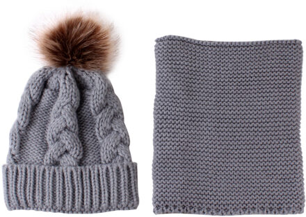 2 STUKS Baby Hoed + Sjaal Ring Jongens Meisjes Breiwol Sjaal en Bont Pom Hoed Hoofddeksel Winter Accessoires Sets 0-3Years Grijs