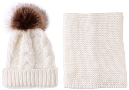 2 STUKS Baby Hoed + Sjaal Ring Jongens Meisjes Breiwol Sjaal en Bont Pom Hoed Hoofddeksel Winter Accessoires Sets 0-3Years wit