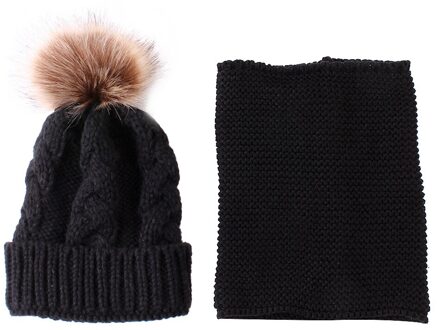 2 STUKS Baby Hoed + Sjaal Ring Jongens Meisjes Breiwol Sjaal en Bont Pom Hoed Hoofddeksel Winter Accessoires Sets 0-3Years zwart