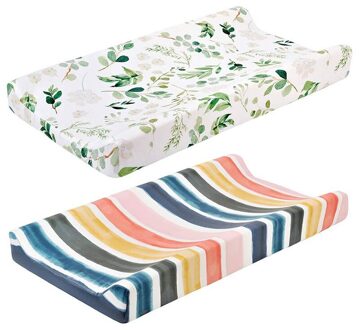 2 Stuks Baby Luier Veranderende Pad Cover Wieg Matras, Stof Aankleedkussen Cover Groene Bladeren & Rainbow Strips