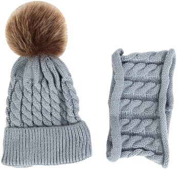 2 Stuks Gebreide Wollen Garen Outfit Halsdoek Dagelijks Muts Sjaal Set Herfst Winter Leuke Zachte Baby Kids Gestreepte Warm unisex grijs