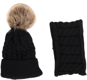 2 Stuks Gebreide Wollen Garen Outfit Halsdoek Dagelijks Muts Sjaal Set Herfst Winter Leuke Zachte Baby Kids Gestreepte Warm unisex zwart