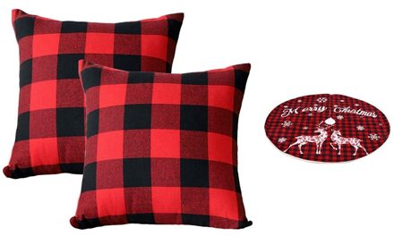 2 Stuks Kerst Rode En Zwarte Plaid Kussensloop & 1 Pcs Kerstboom Rok, kerstboom Rok Floor Mat Cover