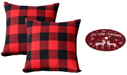 2 Stuks Kerst Rode En Zwarte Plaid Kussensloop & 1 Pcs Kerstboom Rok, kerstboom Rok Floor Mat Cover