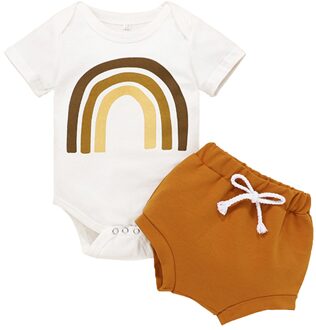 2 Stuks Kids Baby Meisjes Pak Set Regenboog Print Ronde Kraag Korte Mouwen Romper + Effen Kleur Shorts Voor De Zomer witte Kleren 6m